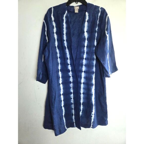 Chico's Indigo Blue & White Tie Dye 100% Linen Open Cardigan/Kimono size 3P/18P - Picture 1 of 9